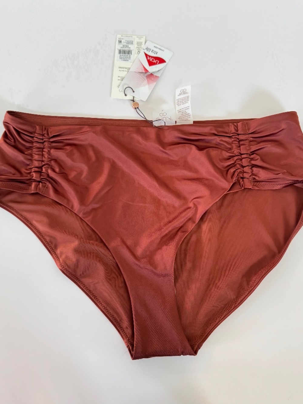CALIA Rust Ruched Mid-Rise Bikini Bottom Large NWT